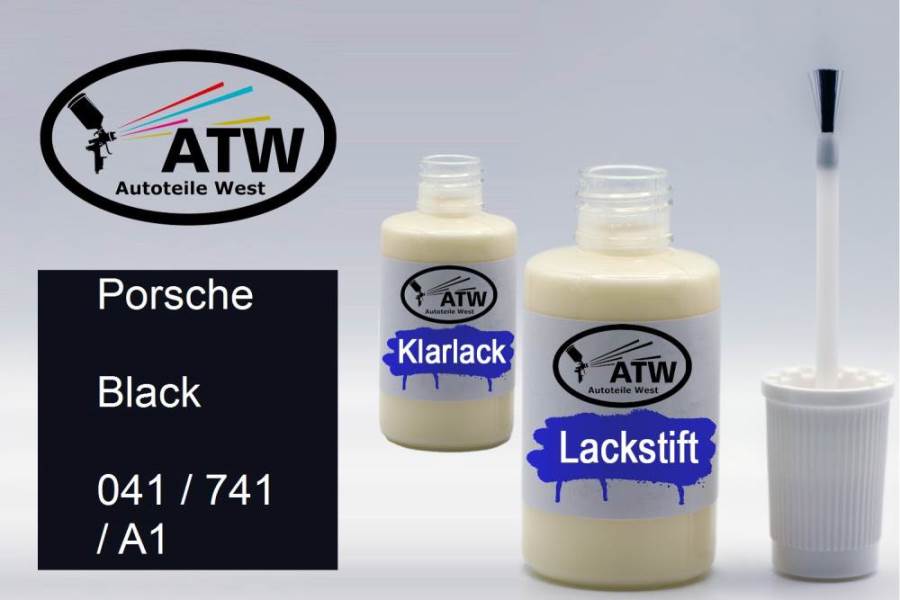 Porsche, Black, 041 / 741 / A1: 20ml Lackstift + 20ml Klarlack - Set, von ATW Autoteile West.